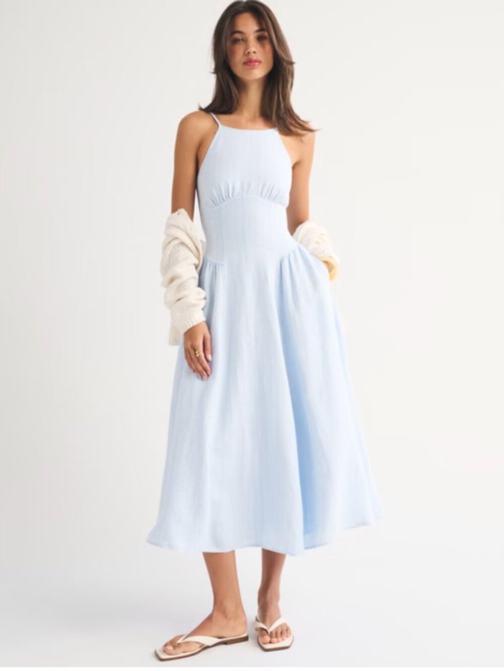 100% Linen A&F Dylan Halter Midi Dress powder blue stripe, M